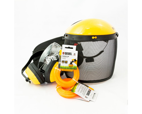 Набор для триммера PRO, леска 2,4мм х 15м 2шт + очки +наушники + защита + ремень - TM Denzel Набор для триммера PRO, леска 2,4мм х 15м 2шт + очки +наушники + защита + ремень - TM Denzel
