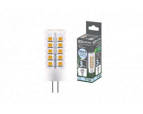Лампа светодиодная G4-3 Вт-AC/DC 12 В-4000 К, SMD, 16x43мм - TM TDM