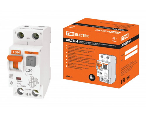 АВДТ 64 2Р(1Р+N) C20 30мА тип А защита 265В - TM TDM