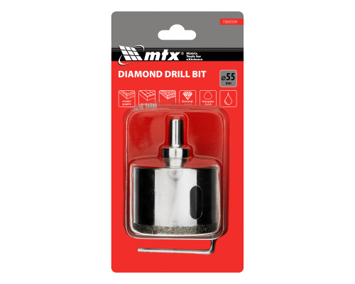 Сверло алмазное по керамограниту, 55 х 67 мм, центрирующее сверло, 3-гран. хвост. (уп.6шт)-TM MTX