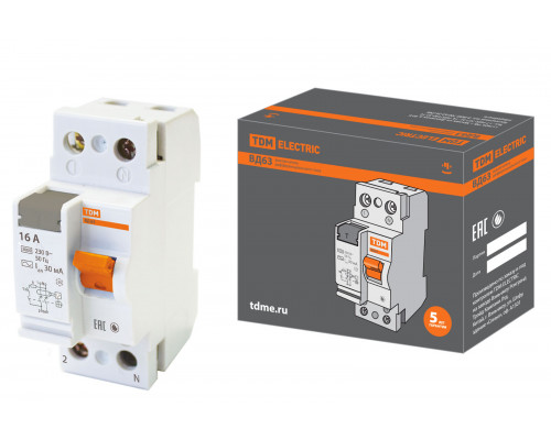 УЗО ВД63 2Р 16А 30мА (электронное) (уп.6шт) - ТМ TDM УЗО ВД63 2Р 16А 30мА (электронное) (уп.6шт) - ТМ TDM