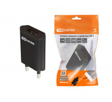 Сетевое зарядное устройство, СЗУ 2, 1 А, 1 USB, черный - TM TDM
