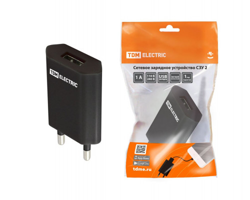 Сетевое зарядное устройство, СЗУ 2, 1 А, 1 USB, черный - TM TDM Сетевое зарядное устройство, СЗУ 2, 1 А, 1 USB, черный - TM TDM