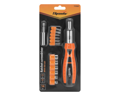 Отвертка реверсивная, биты, головки торцевые, 14шт., - ТМ Sparta.