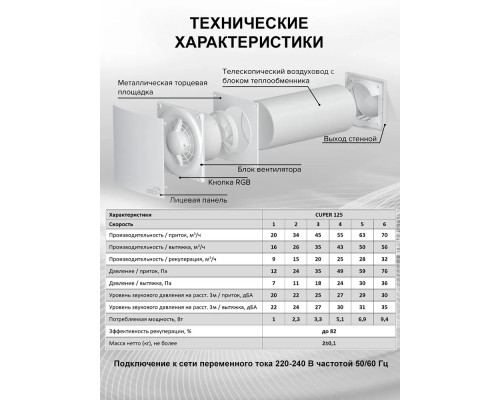 Рекуператор тепла CUPER D125мм приточно-вытяжной 6 скоростей (уп.4шт) - TM VE