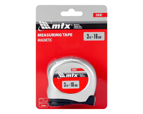 Рулетка 3м х 16мм Magnetic, пластиковый корпус, AUTO фиксация, магнит. зацеп (уп.12шт) - TM MTX