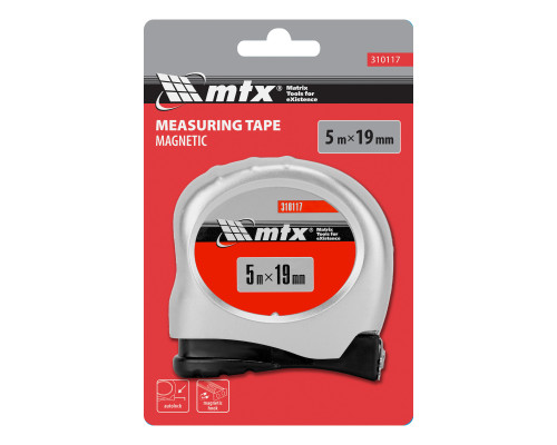 Рулетка 5м х 19мм Magnetic, пластиковый корпус, AUTO фиксация, магнит. зацеп (уп.1шт) - TM MTX