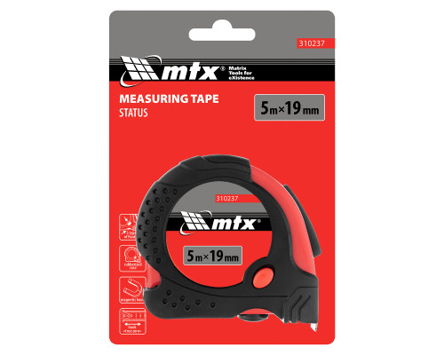 Рулетка 5м х 19мм Status Magnet, обрезиненный корпус, зацеп магнит (уп.12шт) - TM MTX.