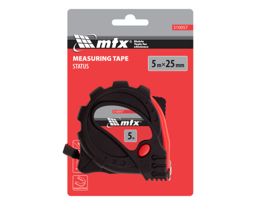 Рулетка 5м х 25мм Status Magnet 3 fixations, обрезиненный корпус, зацеп магнит (уп.6шт) - TM MTX.