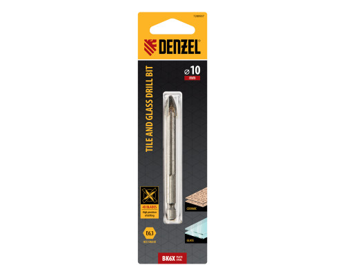 Сверло 10,0мм по керамической плитке и стеклу, крест. пластина, шестигран. хвост. - TM Denzel